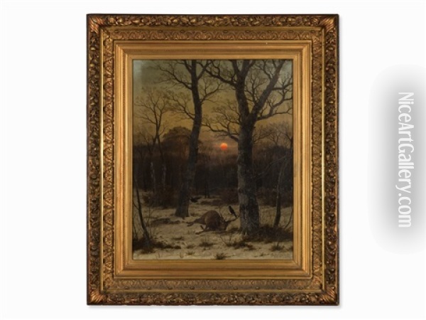 Deer In Winter Landscape Oil Painting - Caesar Bimmermann