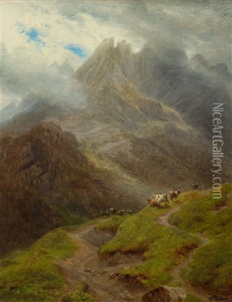 Cows Grazing On The Schwarzwaldalp Near Roslaui With The Engelhorner In The Background Oil Painting - Francois Diday
