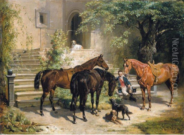 Die Rast (resting Rider) Oil Painting - Franz Adam