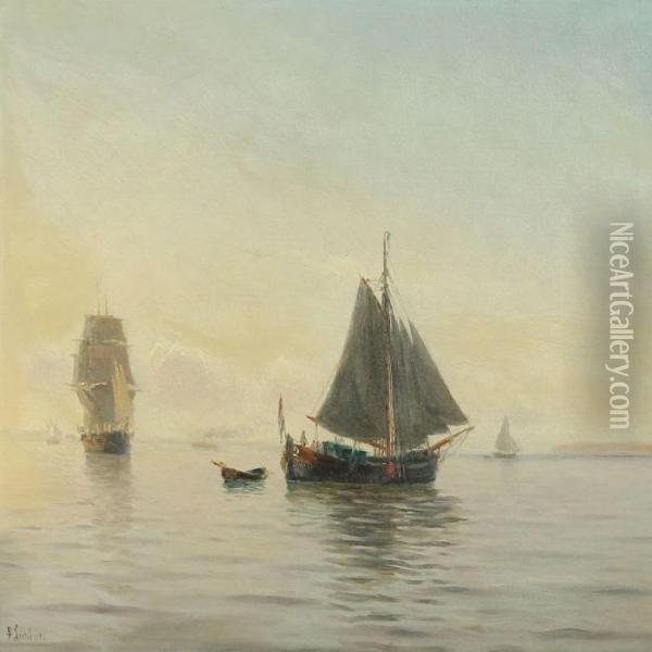 Seascape With Several Sailing Ships In The Morningmist Oil Painting - Holger Peter Svane Lubbers
