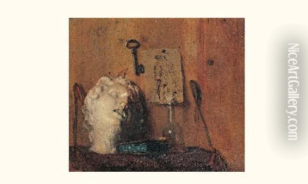 Trompe-l'oeil A La Sculpture Baroque, Livre Et Bouteille Disposes
 Devant Une Cloison Oil Painting - Thomas Germain Duvivier