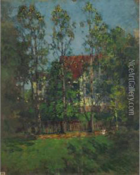 A Red Roof In The Trees Oil Painting - Paul Cornoyer