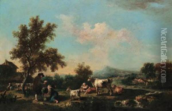 A River Landscape With Peasants, Cattle And Goats Near Farmbuildings Oil Painting - Francesco Zuccarelli