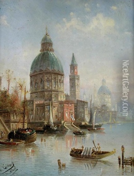 Venetian Scene (+ Another; Pair) Oil Painting - Francois Ambroise Germain Gilbert