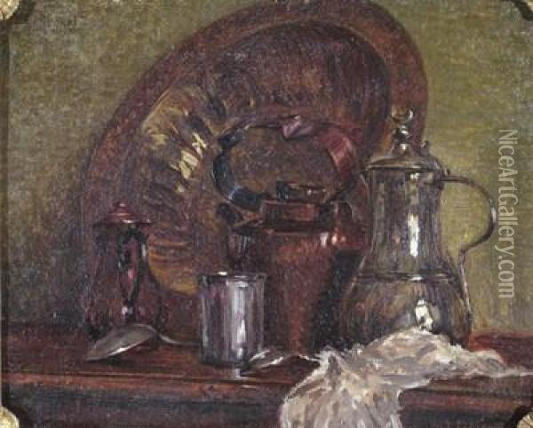 Still Life Of Copper And Silver Dishes And Vessels On A Table Oil Painting - G. Ruguet