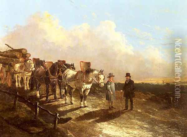 A Timber Cart Halted On A Road At Dusk, 1849 Oil Painting - John Frederick Herring Snr