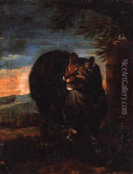 A Cat Hissing In A Landscape Oil Painting - Joseph Roos