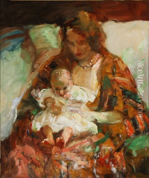 A Woman With A Small Child In Her Lap Oil Painting - Julius Paulsen