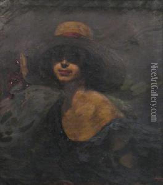 Woman With Hat Oil Painting - Petru Bulgaras