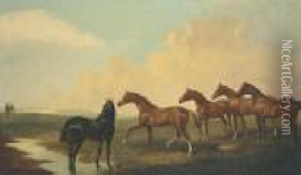 Horses In An Extensive Landscape With Figures Beyond Oil Painting - James Lynwood Palmer