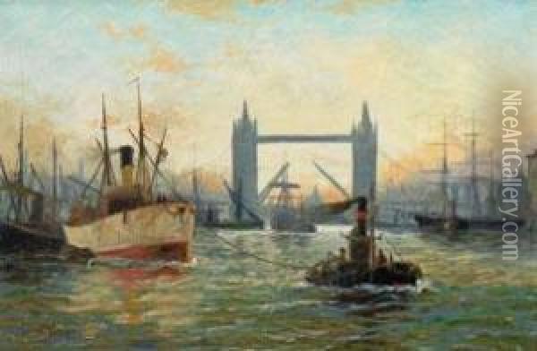 Ansicht Von London Mit Schiffen Vor Der Tower Bridge Oil Painting - Edwin Fletcher