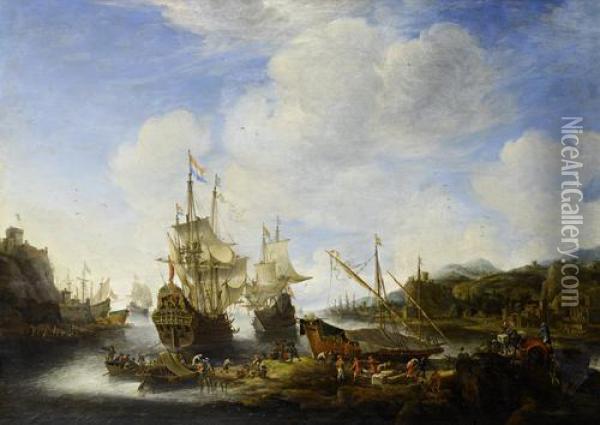 A 
Capriccio 
 View Of A Port With Vessels And Stevedores Unloading Cargo Oil Painting - Jan Abrahamsz. Beerstraaten