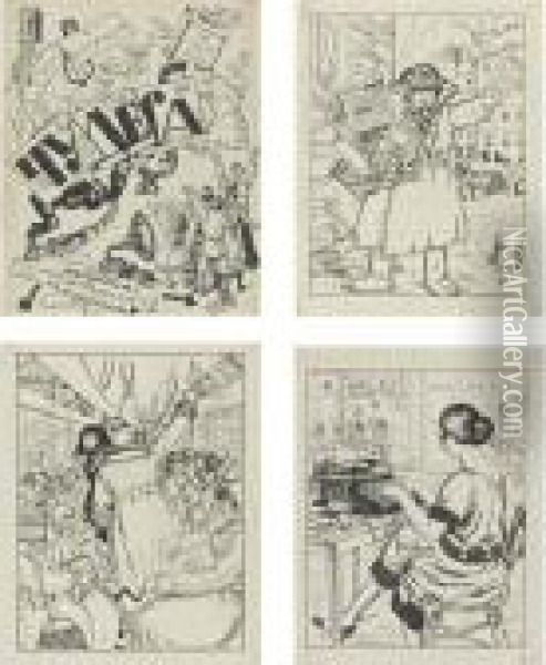 Wonders (chudesa): Four Ink Drawings Oil Painting - Boris Kustodiev