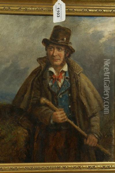 Portrait Of A Gentleman Wearing A Tall Hat With A Clay Pipe In Its Hand, Long Overcoat, Holding A Stick Oil Painting - Charles Henry Cook