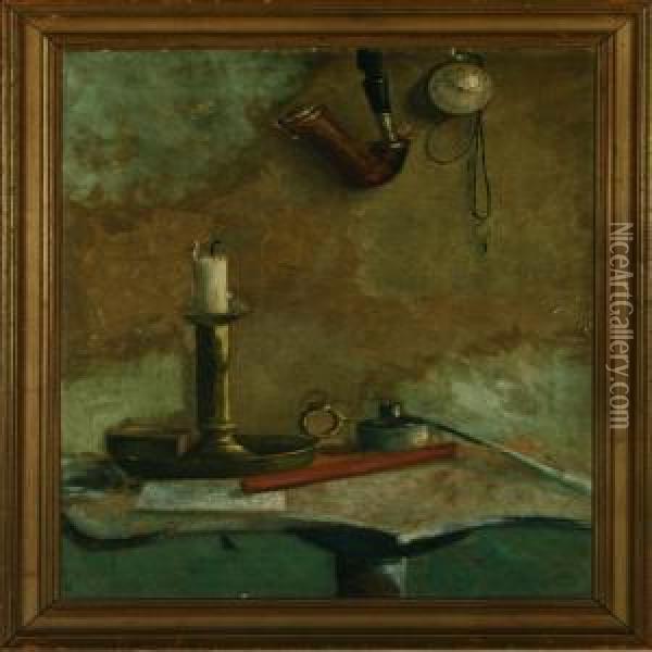 Still Life With Candlestick, Pipe, Clock And Varnish Oil Painting - Peter Alfred Schou