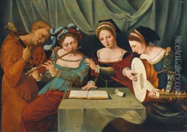 Three Young Women Making Music With A Jester Oil Painting -  Master of the Female Half Lengths