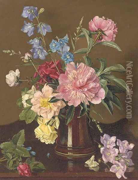 Roses and other summer flowers in a vase on a sideboard Oil Painting - Alfred Walter Williams