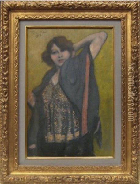 Jeune Femme Au Schall, Le Bras Gauche Releve Oil Painting - Armand Rassenfosse