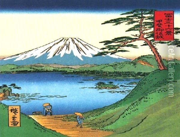 A Green Hilly View of Mt Fuji over a Lake Oil Painting - Katsushika Hokusai
