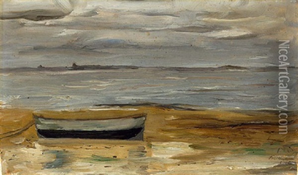 Strand Mit Grauem Kahn Und Grauem Meer Oil Painting - Max Beckmann