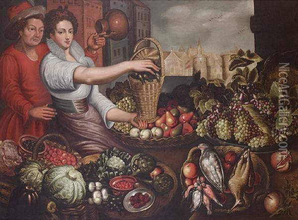 A Fruit And Vegetable Seller And Her Suitorbeside Her Stall With A Townscape Beyond Oil Painting - Jean Baptiste de Saive