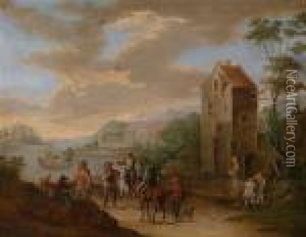 Flusslandschaft Mit Einem Fahrboot Und Reitern Oil Painting - Christian Georg Schuttz II