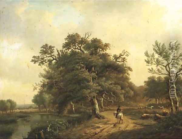 A horseman and his dog on a country lane Oil Painting - Louis Pierre Verwee