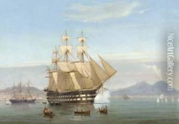 H.m.s. Exmouth Signalling Her Arrival At Naples Oil Painting - de Simone Tommaso
