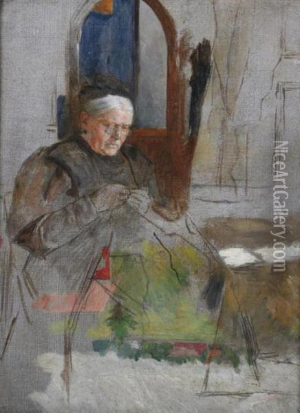 Seated Old Woman Sewing Oil Painting - Adolph von Menzel