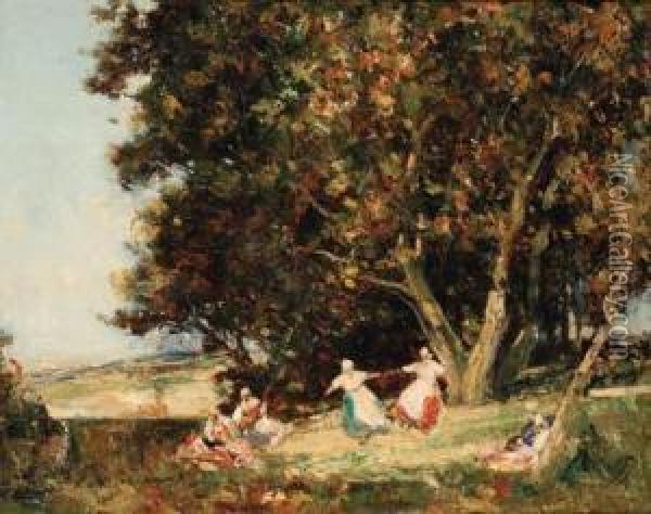 Figures Dancing In A Rustic Landscape; And Figures Resting On Acountry Path Oil Painting - Joseph Vickers De Ville
