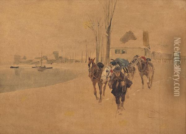 Bauer Mit Pferden Am Rhein Oil Painting - Wilhelm Schreuer