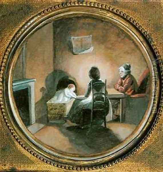 Two Seated Women with a Child in a Cot Oil Painting - Duchesse Louise de Bourbon