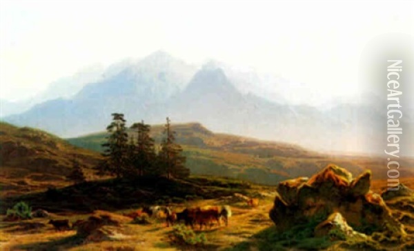 Cows In A Mountainous Landscape Oil Painting - Jean Francois Xavier Roffiaen