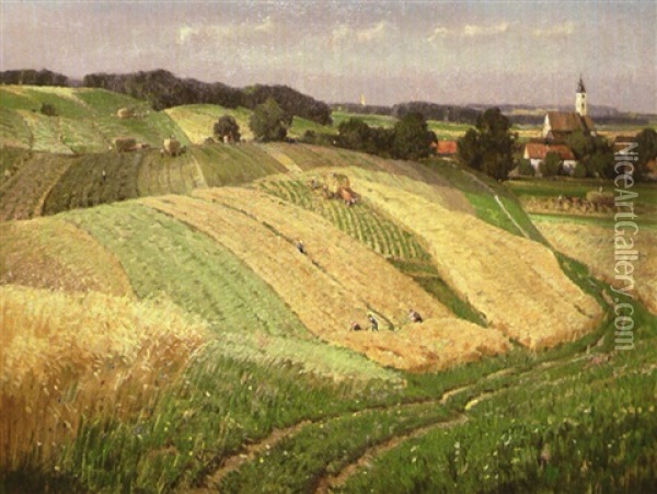 Hugelige Felderlandschaft Mit Bauern Bei Der Heuernte Oil Painting - Karl Kaltenmoser