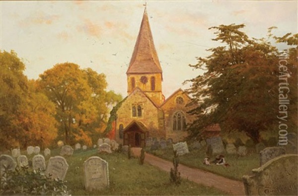 Sun-filled Church Cemetery Landscape Oil Painting - Edward Henry Holder