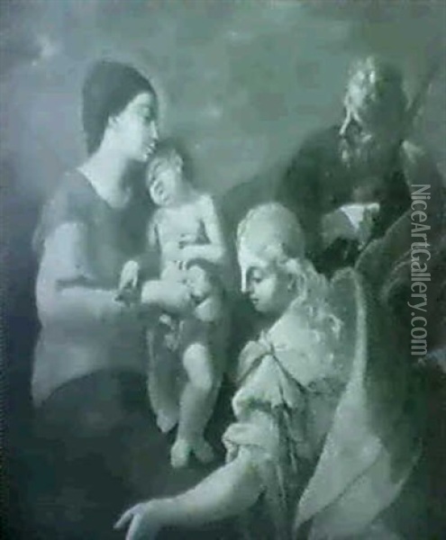 Die Heilige Familie Mit Einem Engel. Oil Painting - Giovanni Antonio Pellegrini