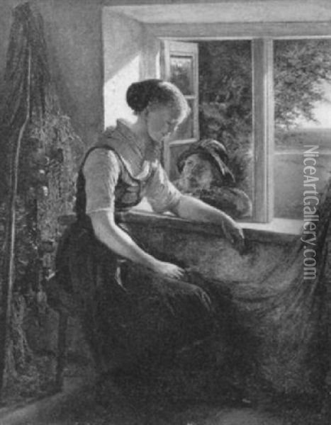 Courting By A Window Oil Painting - Elisabeth Anna Maria Jerichau-Baumann