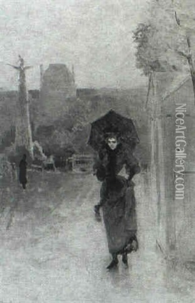 Street Scene With Woman With Parasol Oil Painting - Giuseppe de Nittis