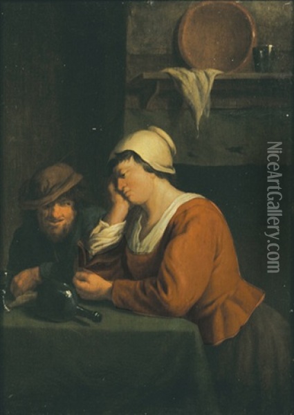 Interieur Mit An Einem Tisch Sitzendem Bauernpaar Oil Painting - Gabriel Metsu