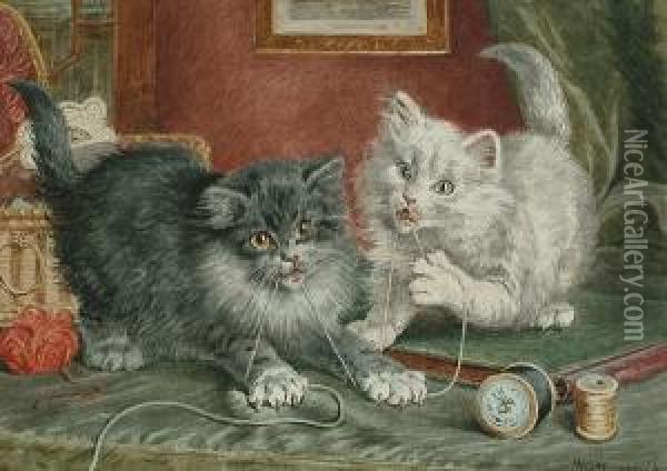 Mischievous Kittens Playing With Wool. Oil Painting - Wilson Hepple