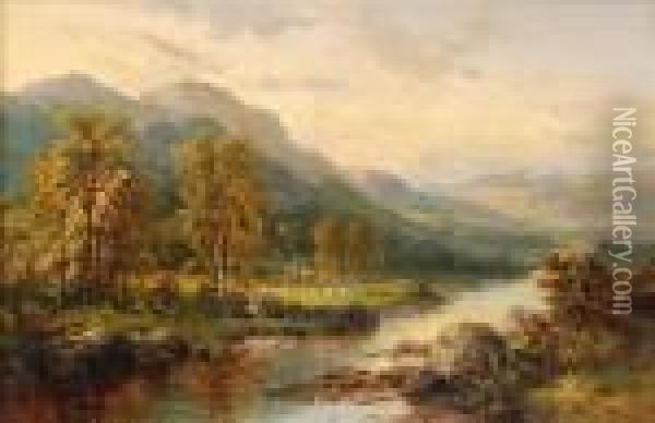 On Theriver Bank Oil Painting - Benjamin Williams Leader