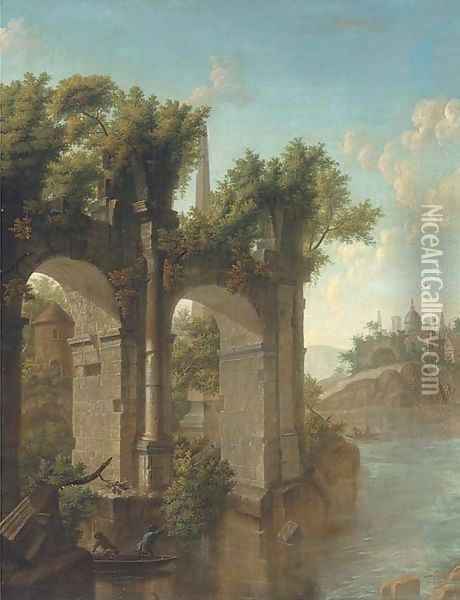 Fishing by the ruins Oil Painting - Italian School