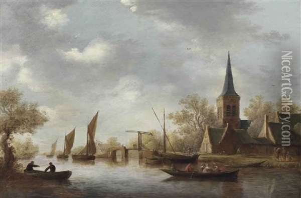 A River Landscape With Figures Fishing, With Rowing And Sailing Boats, A Church Beyond Oil Painting - Pieter de Neyn