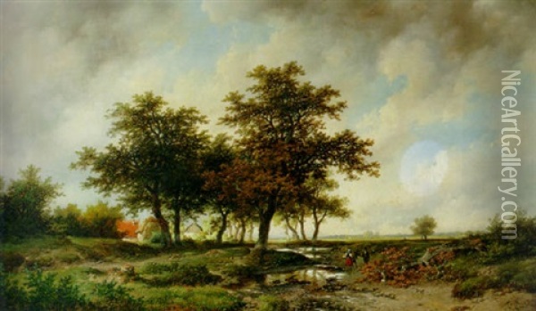An Extensive Wooded Landscape With Peasants Conversing Near A Brook Oil Painting - Remigius Adrianus van Haanen