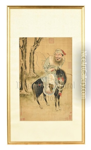 Qian Weicheng: Framed Ink And Color On Silk Painting 'horse Rider Oil Painting -  Qian Weicheng