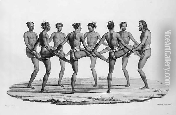 Native Dance in the Caroline Islands, from 'Voyage Autour du Monde sur les Corvettes de L'Uranie 1817-20' Oil Painting - Jacques Etienne Victor Arago