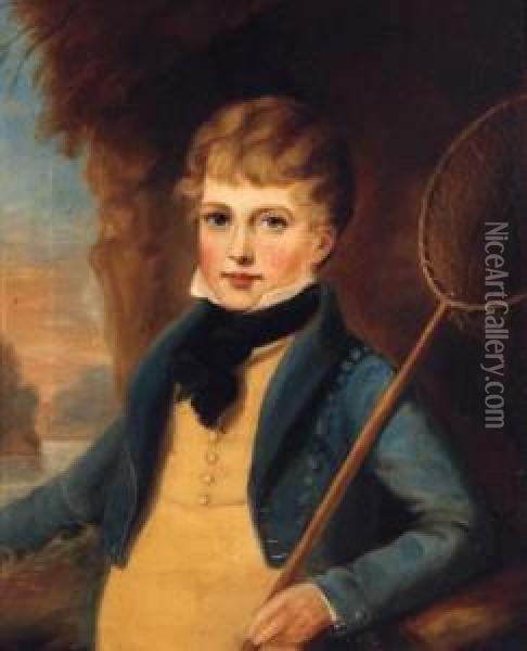 Portrait Of A Boy, Half-length, 
In A Blue Jacket And Yellowbreeches, White Shirt And Black Stock, 
Holding A Fishing Net, In Alandscape Oil Painting - William Owen
