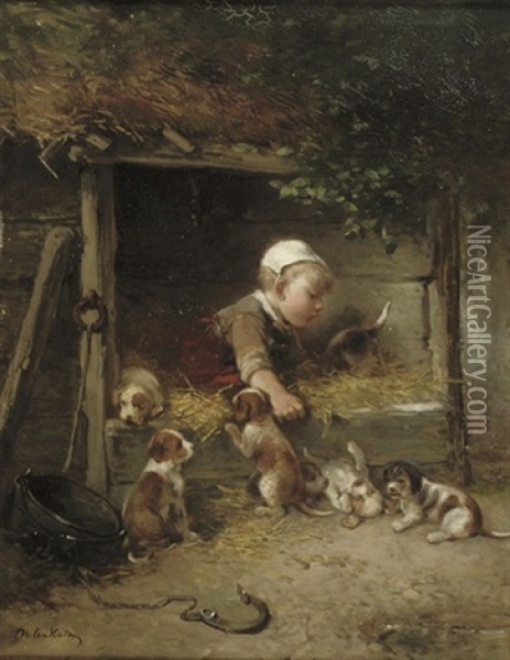 Playing With The Puppies Oil Painting - Mari ten Kate
