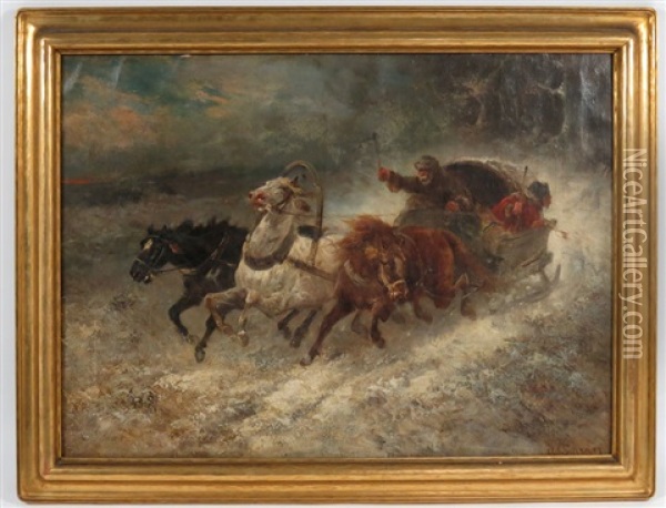 Sleigh Drawn By Three Horses, Fleeing Wolves Oil Painting - Adolf Schreyer