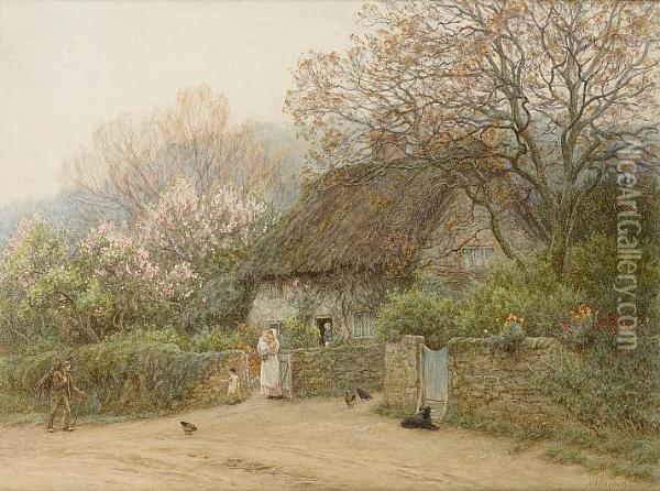 Thatched Cottage With Figures Oil Painting - Helen Mary Elizabeth Allingham